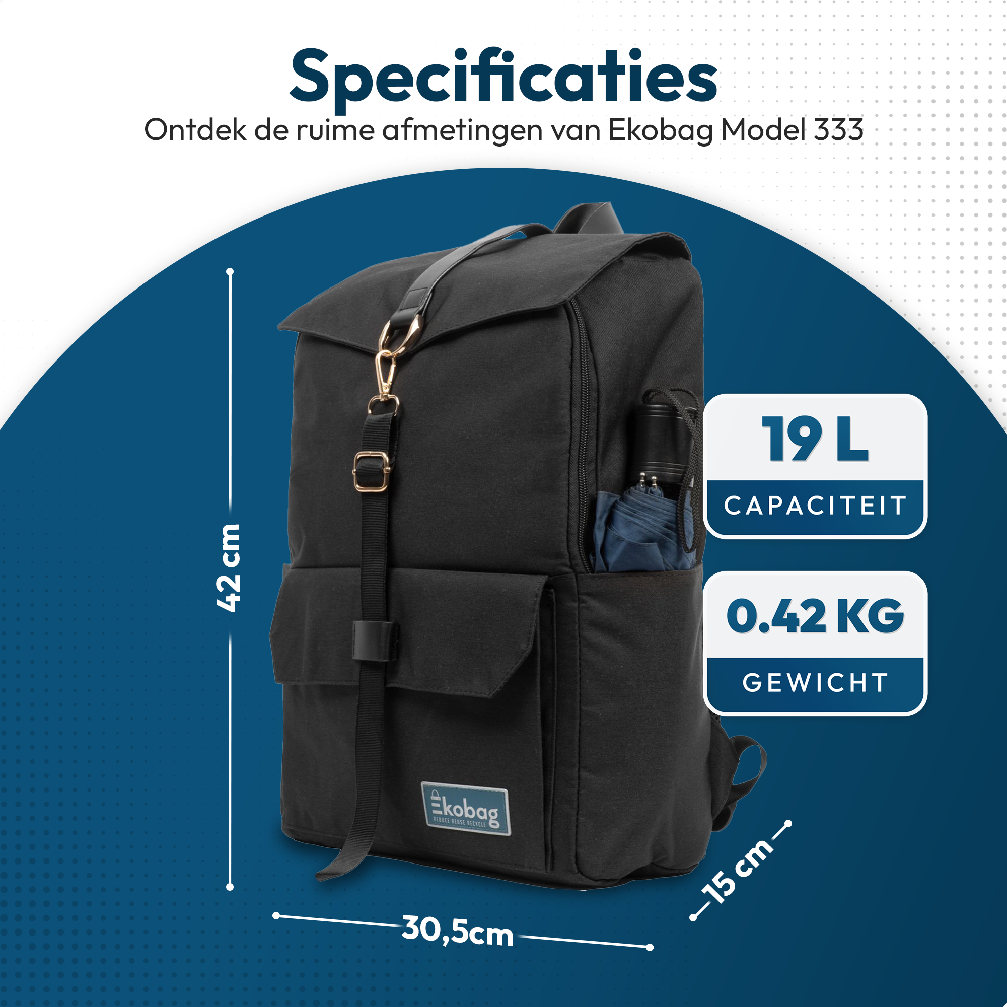 Ekobag 333 - Rugzak - Laptoptas - Schooltas - Duurzaam - Waterafstotend - 19L