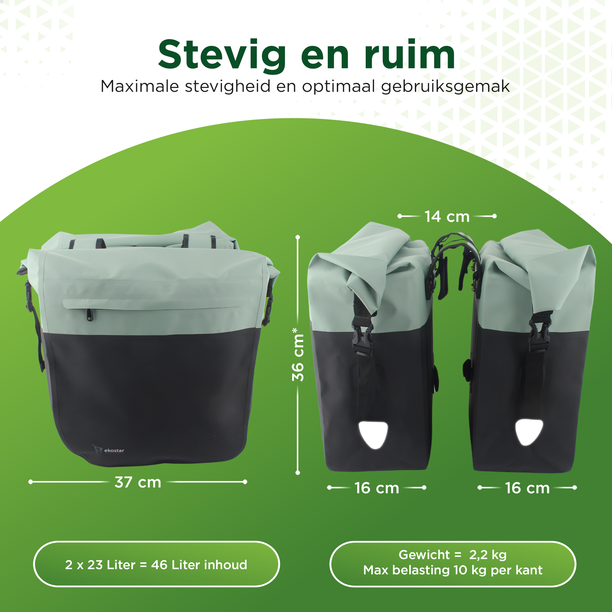 Ekostar® - Dubbele Roltop Fietstas - 100% Waterdicht - 46L - Fietstassen electrische fietsen