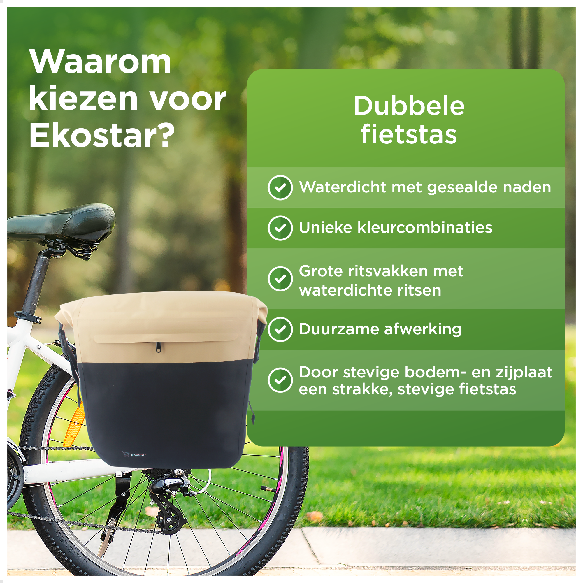 Ekostar® - Dubbele Roltop Fietstas - 100% Waterdicht - 46L - Fietstassen electrische fietsen