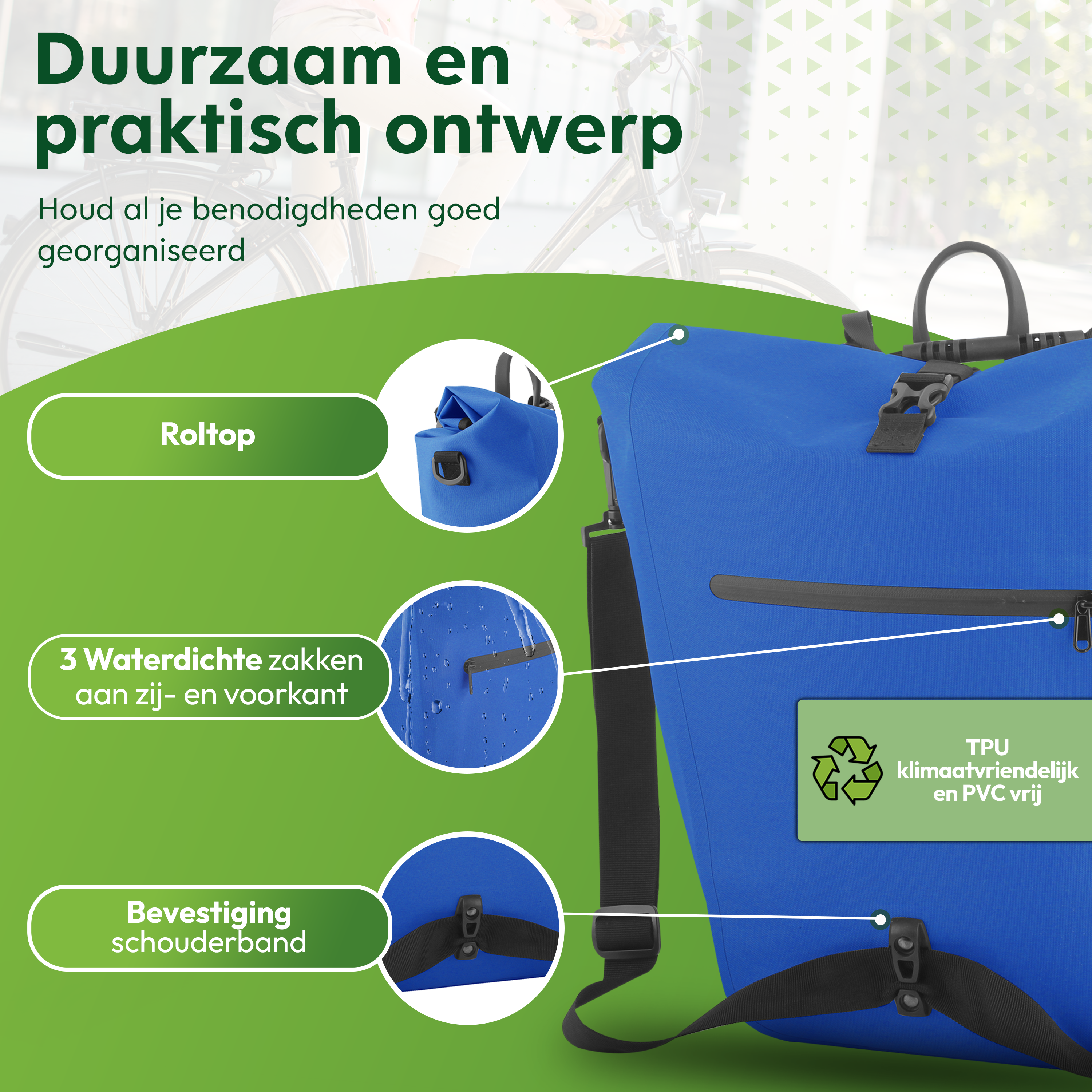 Ekostar online shopping 2in1 fietstas - Waterdicht - Duurzaam - TPU - Blauw