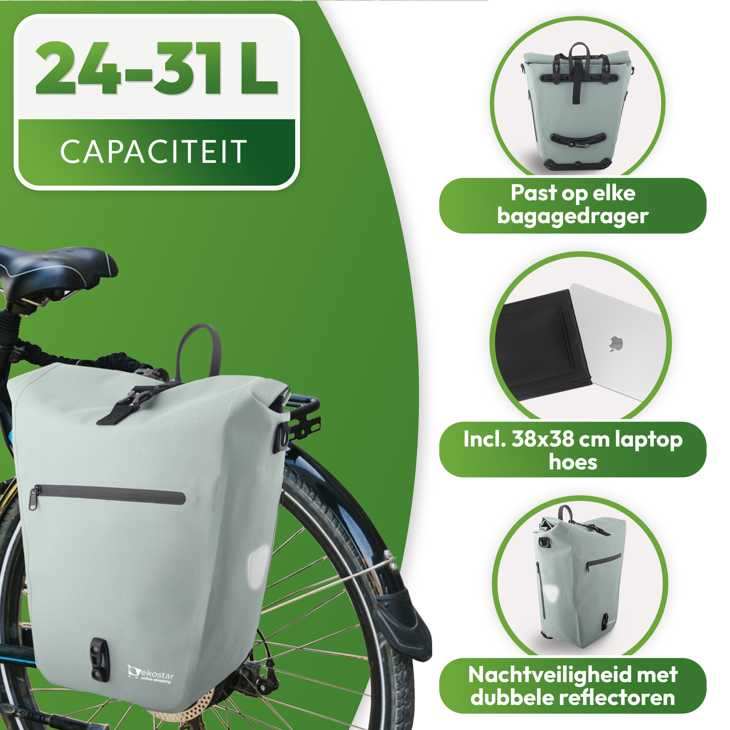 Ekostar online shopping - 2in1 Fietstas - Waterdicht - Duurzaam - TPU - Mint