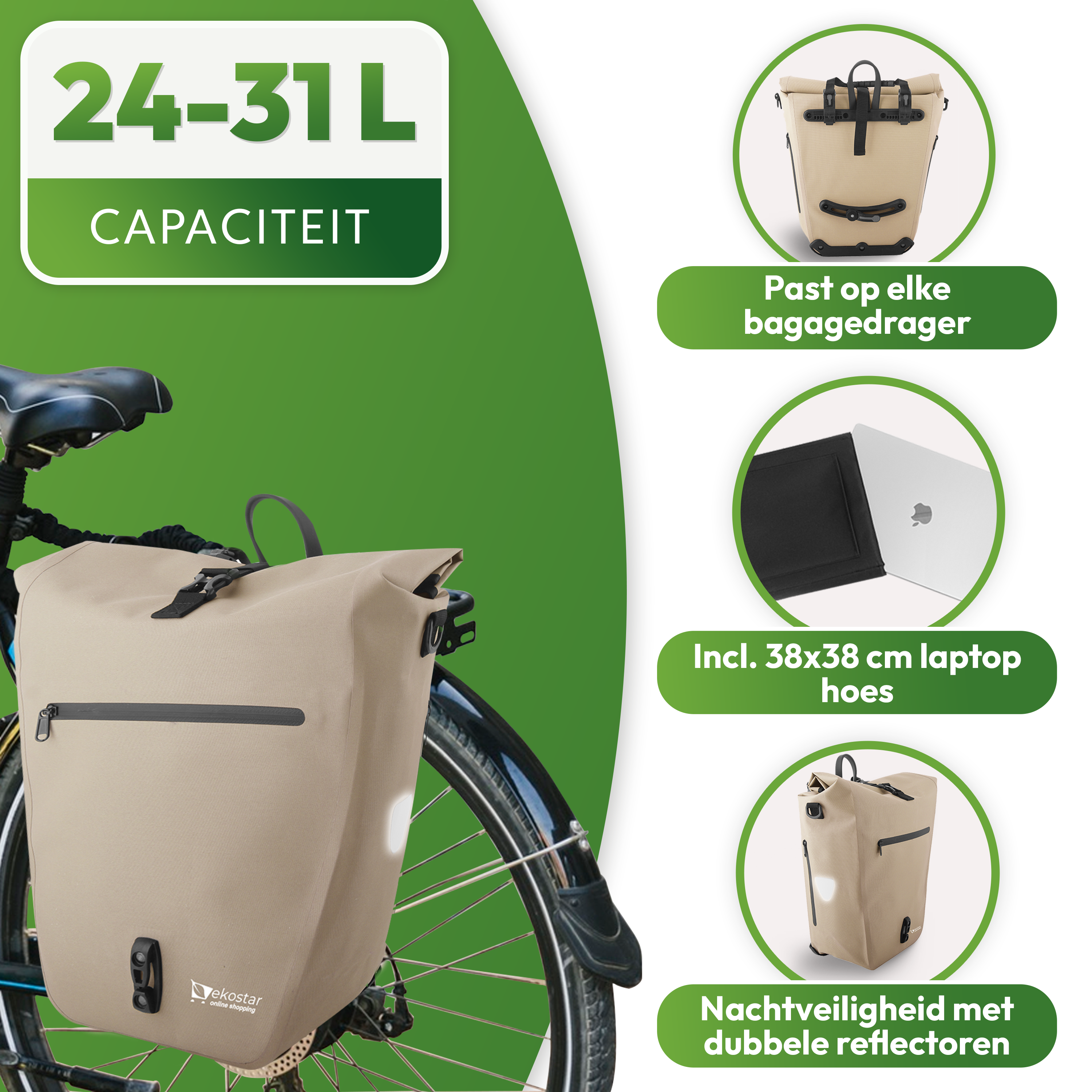 Ekostar online shopping - 2in1 Fietstas - Waterdicht - Duurzaam - TPU - Beige